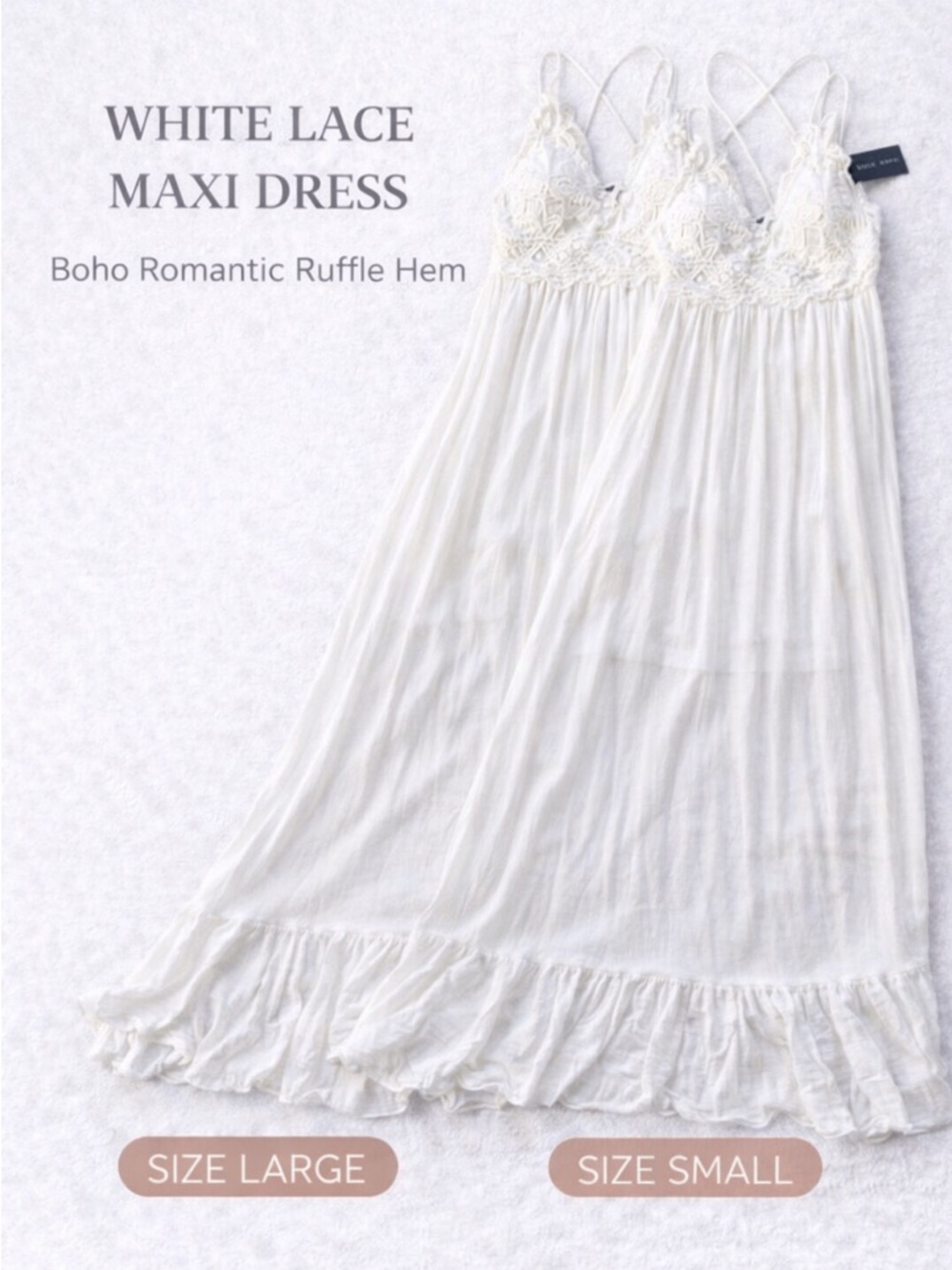 White Lace Maxi Dress Boho Romantic Ruffle Hem Strappy NWT L AND S